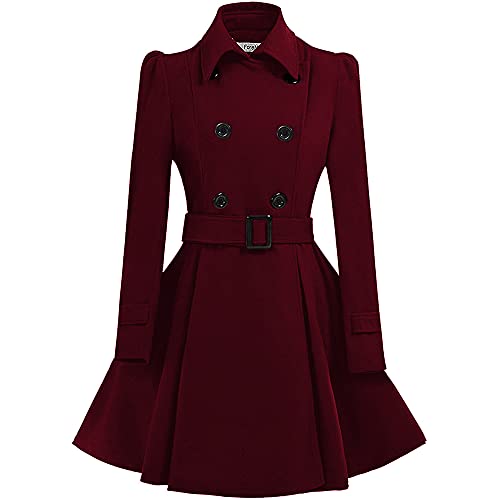 ForeMode Women Swing Double Breasted Wool Pea Coat - Belt Buckle, XL - WINE RED - Brand New