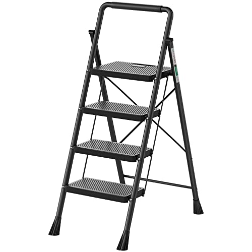 RIKADE 4 STEP LADDER FOLDING STEP STOOL WITH WIDE ANTI-SLIP PEDAL - BLACK - Like New