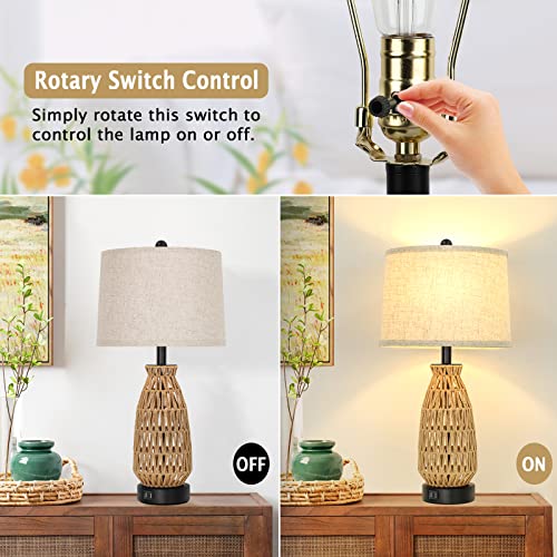 Set of 2 Rattan Table Lamps, 2 USB Ports, Woven Bedside, 26’’ Tall - Oatmeal - Brand New