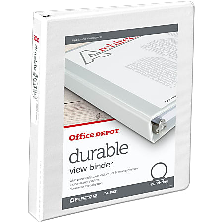 OFFICE DEPOT DURABLE VIEW 3-RING BINDER, 1" ROUND RINGS, WHITE - Brand New