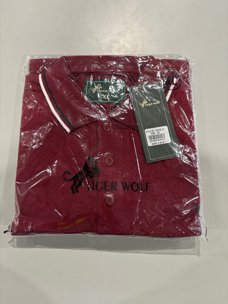 TIGER WOLF 3 BUTTON POLO SHIRT - SIZE: MEN XL - MAROON/BLACK/WHITE - Brand New