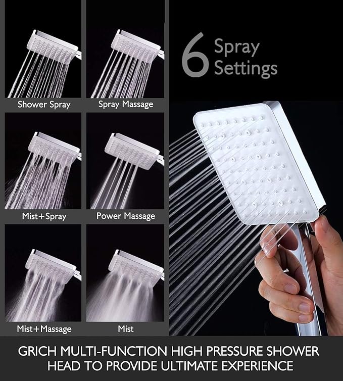 GRICH VENUS HIGH PRESSURE SHOWER HEAD, HANDHELD, 6 SPRAY MODES/SETTINGS - SILVER - Like New