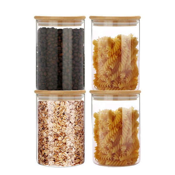 SIXAQUAE Glass Food Storage Containers Jar Seal Bamboo Lids 4 Pack 1000ml - Like New