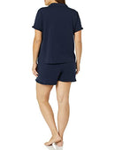 AMAZON ESSENTIALS WOMEN'S COTTON MODAL PIPED NOTCH COLLAR PAJAMA SET - NAVY - L - Brand New