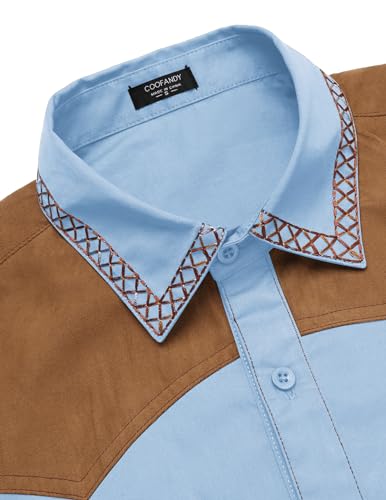 COOFANDY MEN'S WESTERN COWBOY SHIRT EMBROIDERY LONG SLEEVE SLIM FIT - LIGHT BLUE - Brand New