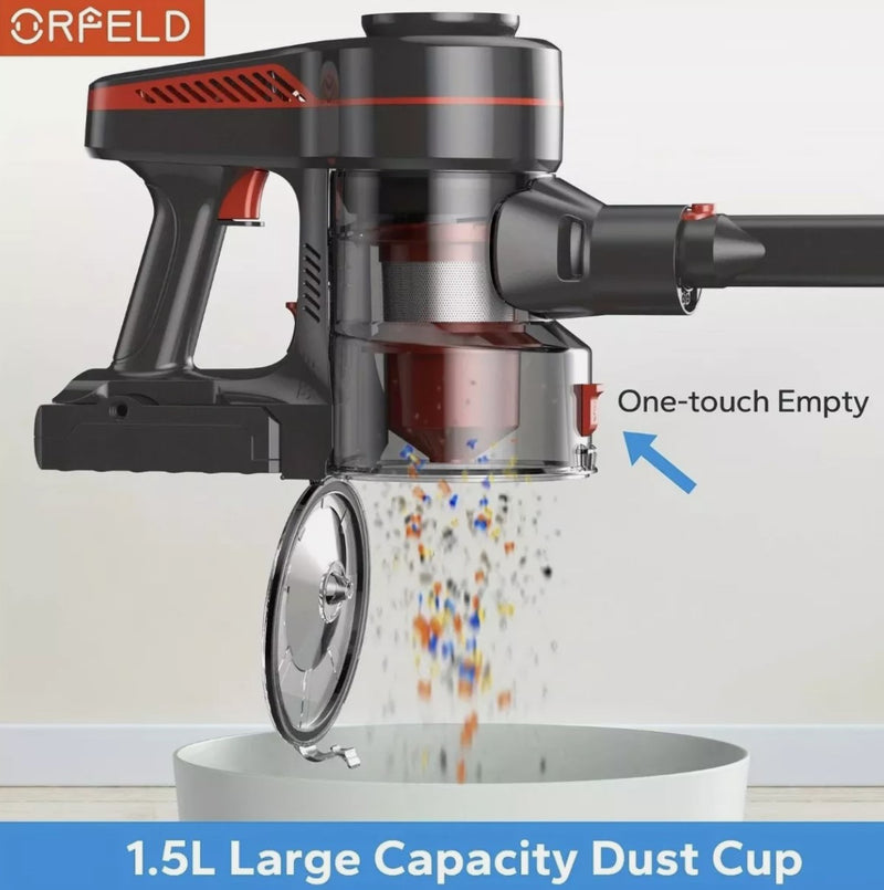 ORFELD CORDLESS VACUUM CLEANER STICK VACUUM 26KPA 45MINS 1.5L, RED - Like New