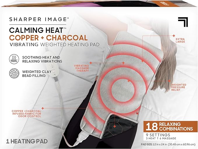 SHARPER IMAGE Calming Heat Copper + Charcoal Vibrating Heating Pad CHCC-6 - Gray Like New