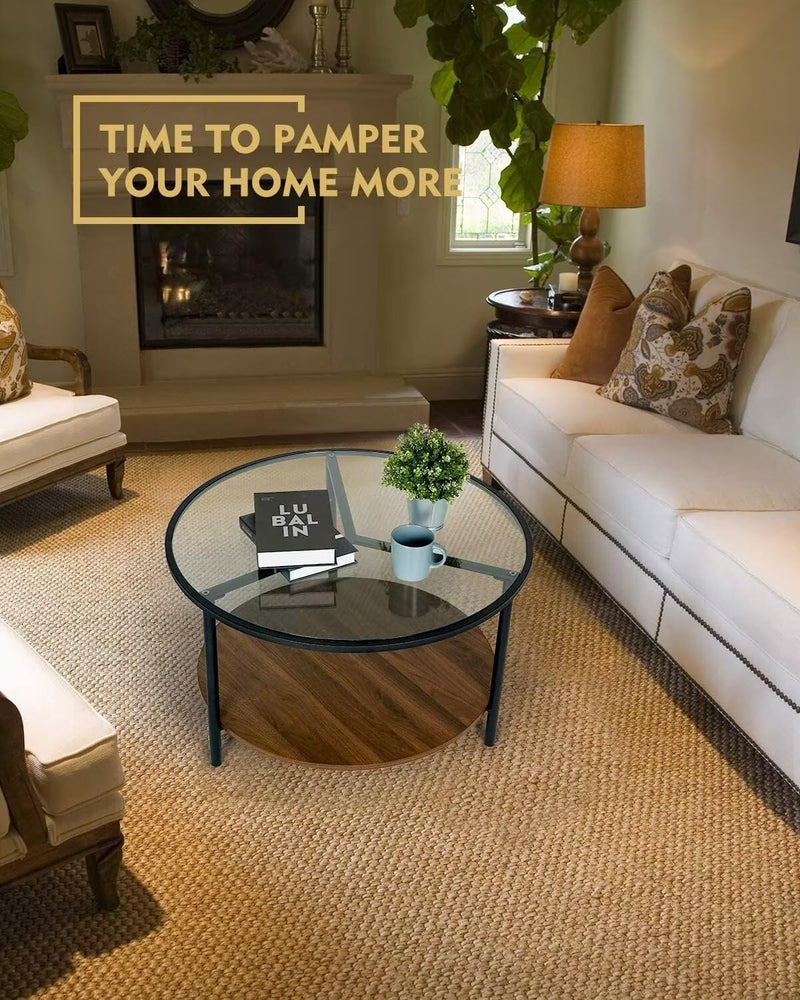 MONCOT ROUND 2-TIER COCKTAIL TABLE, WALNUT WOODEN BASE AND GOLD METAL FRAME - Like New