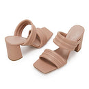 Ermonn Womens Chunky Block Heeled Sandals Two Strap High Heels Nude Size 6.5 - Like New