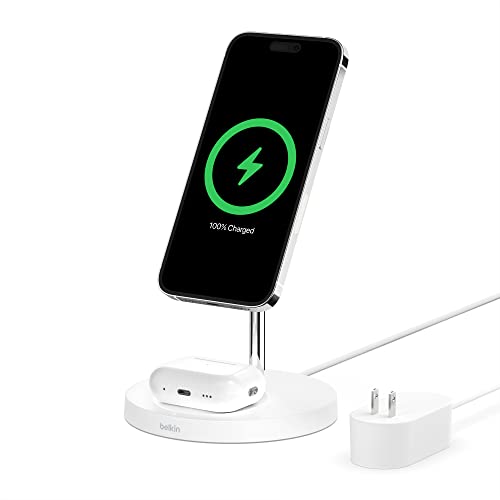 BELKIN MAGSAFE 2-IN-1 WIRELESS CHARGING STAND IPHONE 13,14,15,16,AIRPODS WHITE - Like New