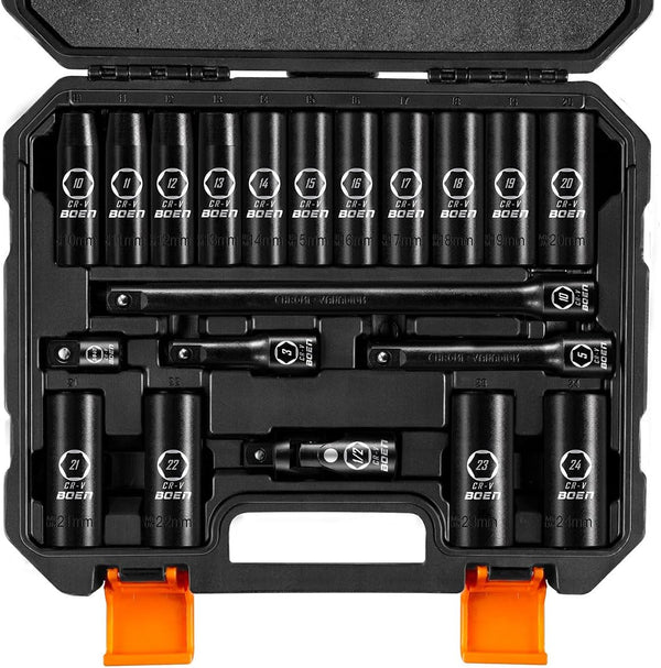 BOEN 1/2" Drive Metric Deep Impact Socket Set, 20x 10mm-24mm, Extension - Black - Like New
