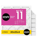 SIMPLY FILTERS 20X25X4 MERV 11 FURNACE AIR FILTER HVAC 6 PACK - WHITE - Brand New