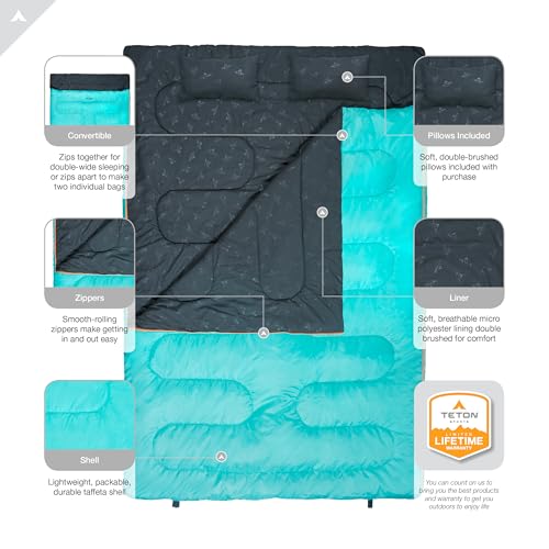 Teton Mammoth Queen Size Double Sleeping Bag- Camping, Compression Sack Included - Like New
