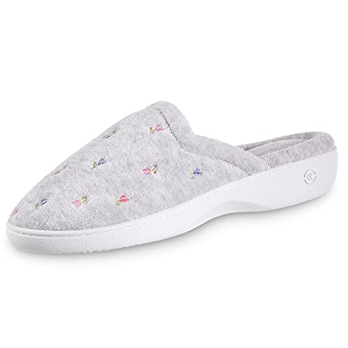 ISOTONER MACHINE WASHABLE EMBROIDERED CLOG SIZE: WOMEN 7.5 HEATHER GRAY FLOWER - Like New