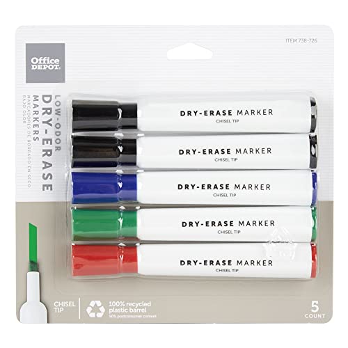 OFFICE DEPOT 100% RECYCLED LOW ODOR DRY ERASE MARKERS CHISEL 5PK_ASSORTED - Brand New