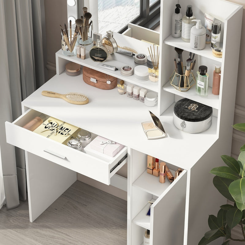 VANITY DESK SQUARE MIRROR LAMP WOODEN STORAGE MAKEUP VANITY - WHITE - Like New