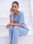 Talmont Women's Pajama Set Short Sleeve 2 Piece Outfits Lounge Set O Neck Pjs - Like New