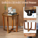 COSTWAY Round End Table Rustic Glass Top Nightstand Solid Acacia Wood Frame - Brand New