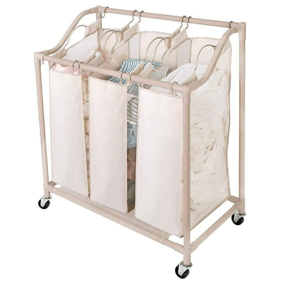 SMART DESIGN DELUXE ROLLING TRIPLE COMPARTMENT LAUNDRY SORTER 30 X 32 - BEIGE - Like New