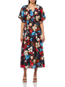 HALSTON WOMEN'S SHORT SLEEVE V-NECK CHIFFON DRESS HD5EXB9B SIZE 14 MARINE MULTI - Brand New