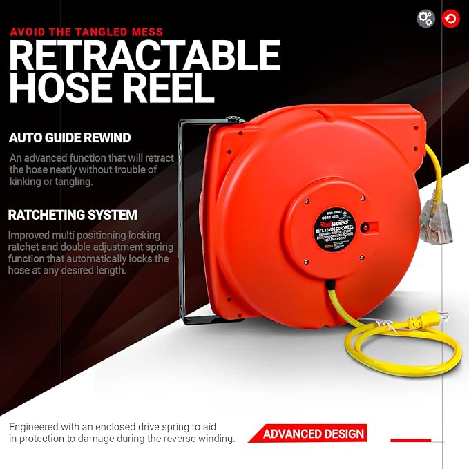 ReelWorks Extension Cord Reel Retractable 12awg x 80' Foot TRI-GUR022 - RED Like New
