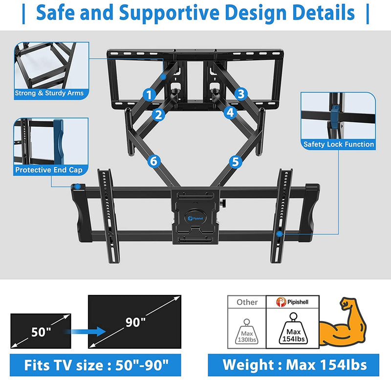 PIPISHELL TV WALL MOUNT BRACKET FULL MOTION FOR 50-90 INCH FLAT CURVED TV, BLACK - Like New