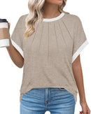 TEWMEU WOMEN 2024 SUMMER PLEATED SHIRTS COLOR BLOCK TRENDY TOPS M - KHAKI - Brand New