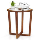 COSTWAY Round End Table Rustic Glass Top Nightstand Solid Acacia Wood Frame - Brand New