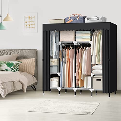 LOKEME PORTABLE CLOSET 67" WARDROBE HANGING CLOTHES 4 RODS STEEL TUBE - BLACK - Like New