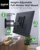 SANUS HEIGHT ADJUSTABLE FULL MOTION TV WALL MOUNT – TVS UP 65” - BLACK - Like New