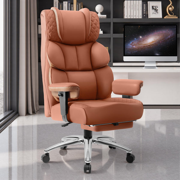 BESTGLORY OFFICE DESK CHAIR BIG TALL LEATHER GAMING CHAIR FOOTREST - BROWN - Like New