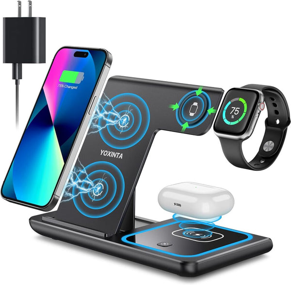 YOXINTA WIRELESS CHARGING STATION, 3 IN 1 WIRELESS CHARGER STAND - BLACK - Like New