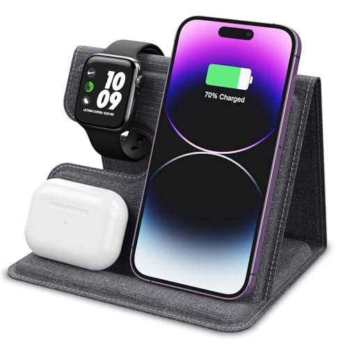 ALPHA DIGITAL 3-IN-1 FOLDABLE WIRELESS CHARGING STATION, PU LEATHER - GRAY - Like New