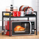 PUSDON EXTENDABLE MICROWAVE OVEN RACK ORGANIZER, 2 TIER WITH 3 HOOKS - BLACK - Like New