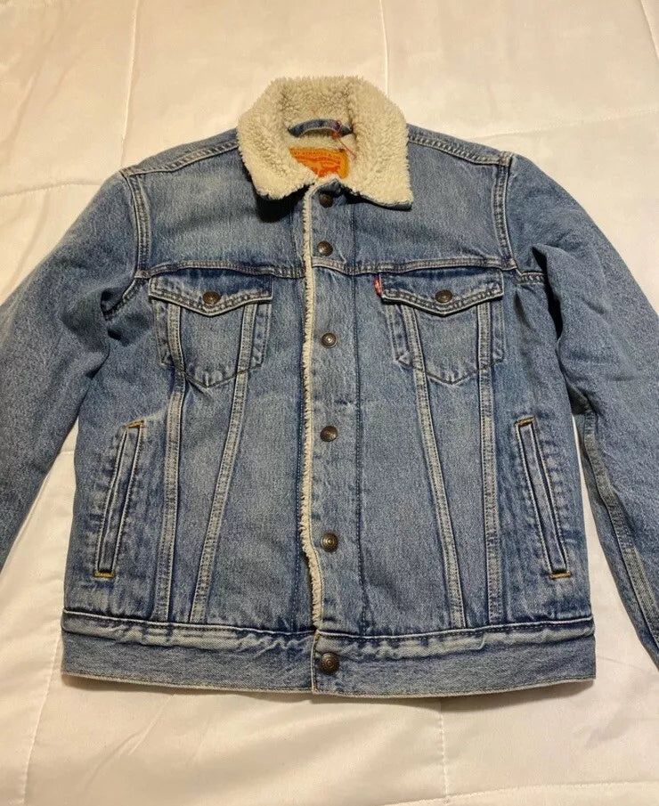 LEVI'S ORIGINAL SHERPA TRUCKER WOMEN'S DENMIN JACKET - SIZE: WOMEN L - BLUE - Like New