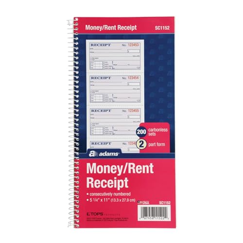 ADAMS MONEY AND RENT RECEIPT BOOK, 2-PART CARBONLESS, 5-1/4 X 11, SC1152 - WHITE - Brand New