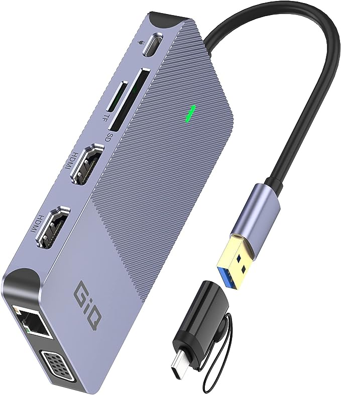 USB Docking Station GIQ USB C hub USB 3.0 to Dual HDMI D3908-GIQ - Grey Like New
