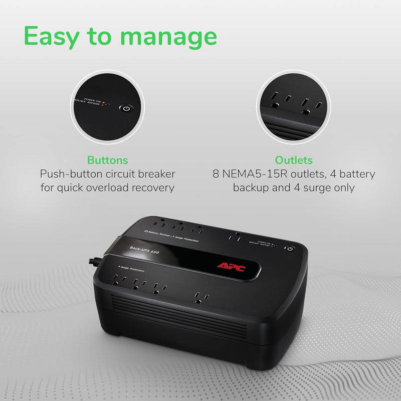 APC UPS 650VA / 390W Battery Backup, Surge, Dataline Protector - BE650G1 - Black - Like New