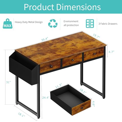 LUFEIYA 40" Desk with Drawers, 39" Home Office Desks, 3 Fabric Storage Drawer - Like New
