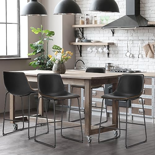 NEWBULIG COUNTER HEIGHT BARSTOOLS WITH LEATHER BACK SET OF 2 26" - BLACK - Like New