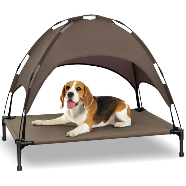 HEEYOO ELEVATED DOG BED WITH CANOPY PORTABLE DOG COT WITH REMOVABLE COTSQUC42BRN - Like New