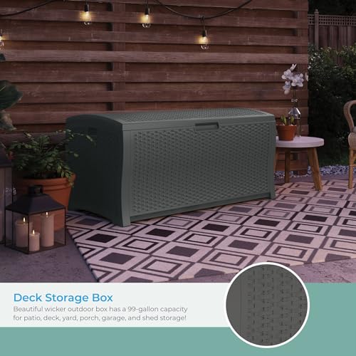 Suncast 122 Gallon Extra Large Resin Wicker Outdoor Storage Deck Box, Peppercorn - Like New