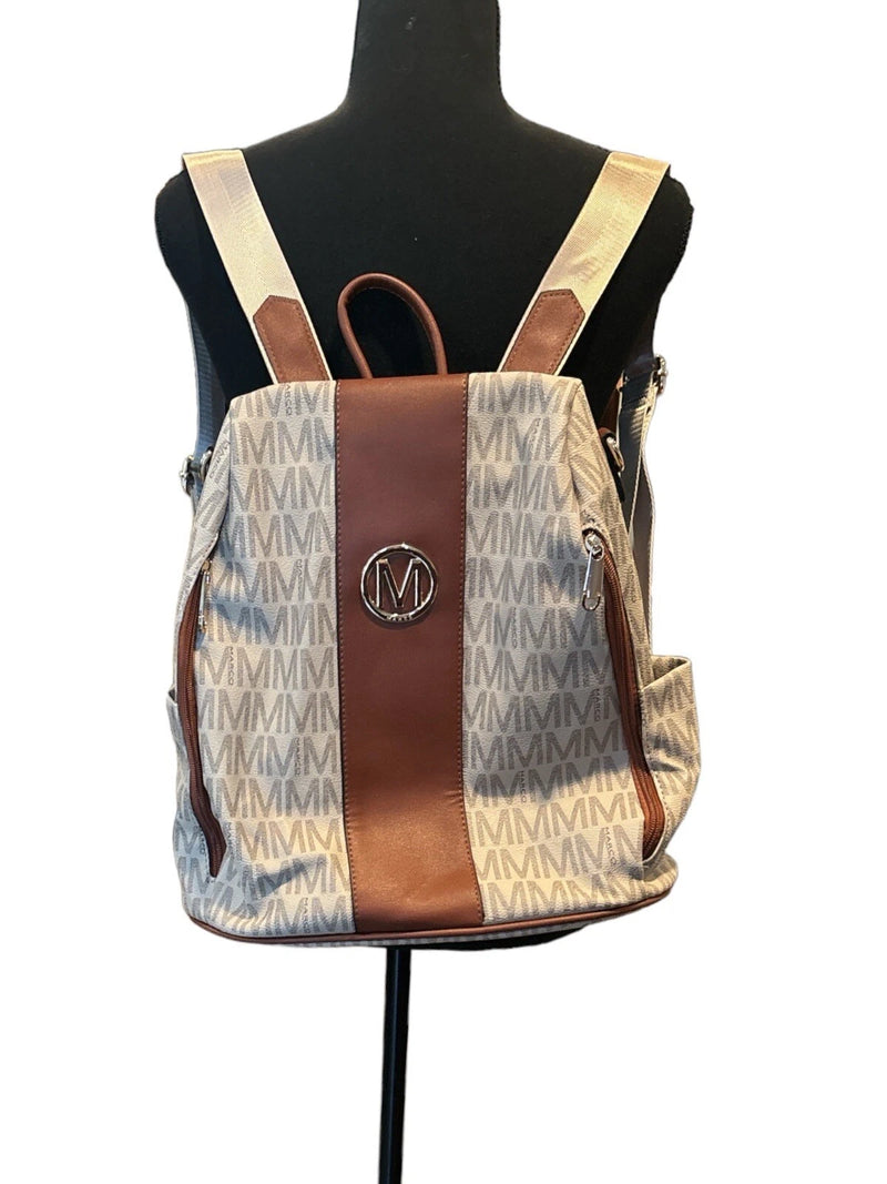 MARCO M BACKPACK LUXURY PURSE MULTIPLE POCKETS DUST COVER - MONOGRAM/CREME - Like New
