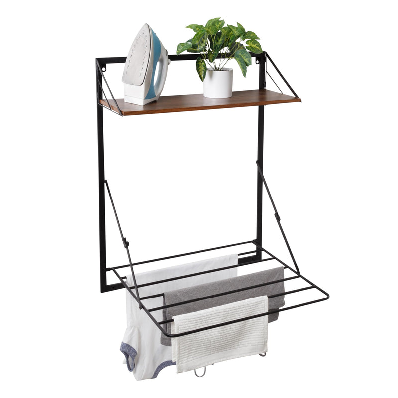 HONEY-CAN-DO DRY COMPACT COLLAPSIBLE RACK WITH SHELF BLACK/WALNUT DRY-10029 - Like New