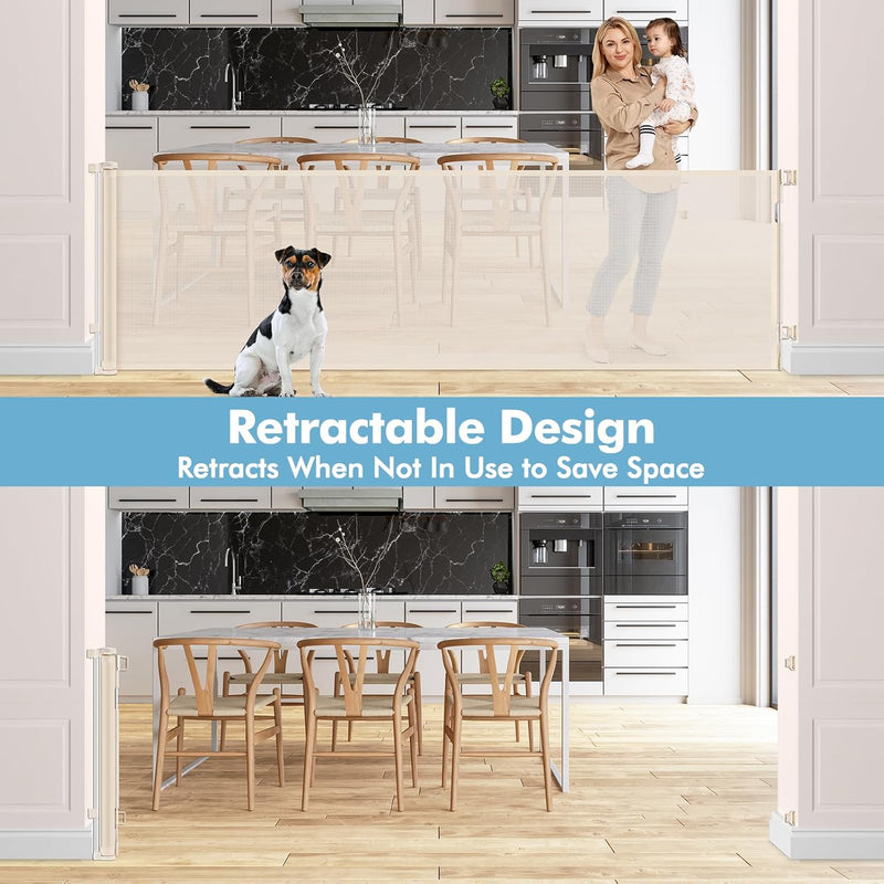 KISKIZ 110 INCH WIDE RETRACTABLE BABY GATE RETRACTABLE DOG GATE - BEIGE - Like New
