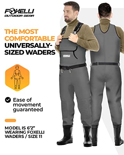 FOXELLI CHEST WADERS, 4MM NEOPRENE HUNTING & FISHING WADERS MEN 7 - GRAY - Like New