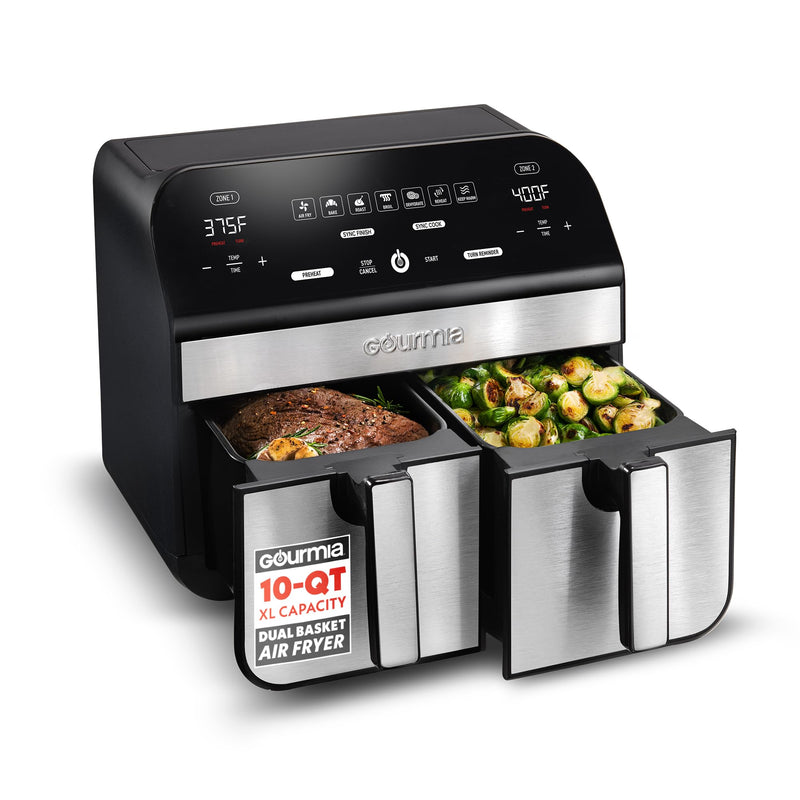 GOURMIA GAF966 10 Qt DUAL BASKET AIR FRYER COOK BLACK/STAINLESS STEEL TRIM - Like New