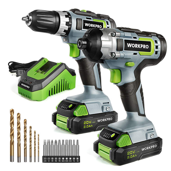 WORKPRO 20V CORDLESS DRILL COMBO KIT, DRILL DRIVER, 2X 2,0AH - GRAY/GREEN - Like New