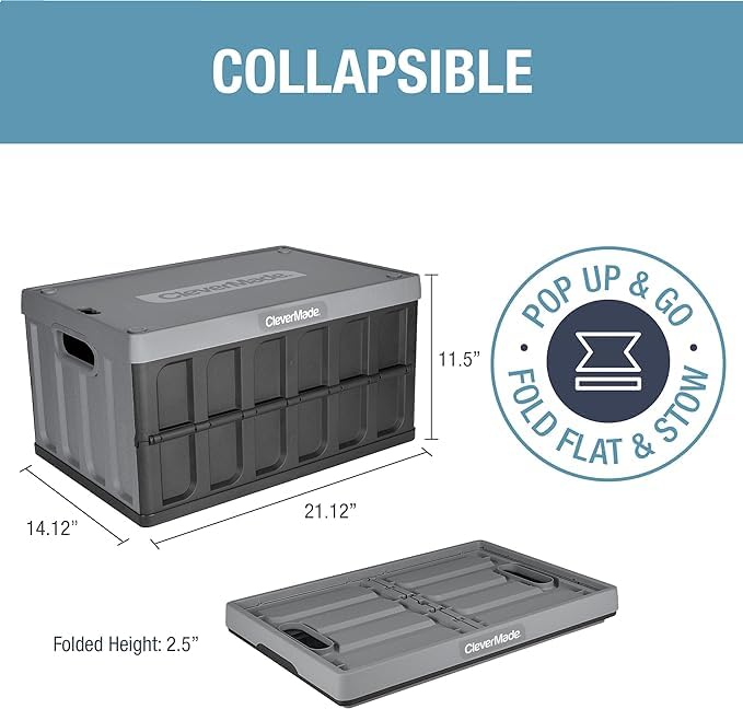 CLEVERMADE COLLAPSIBLE STORAGE BIN (WITH LID) - 46L (12 GAL), 3PACK - STONE - Like New