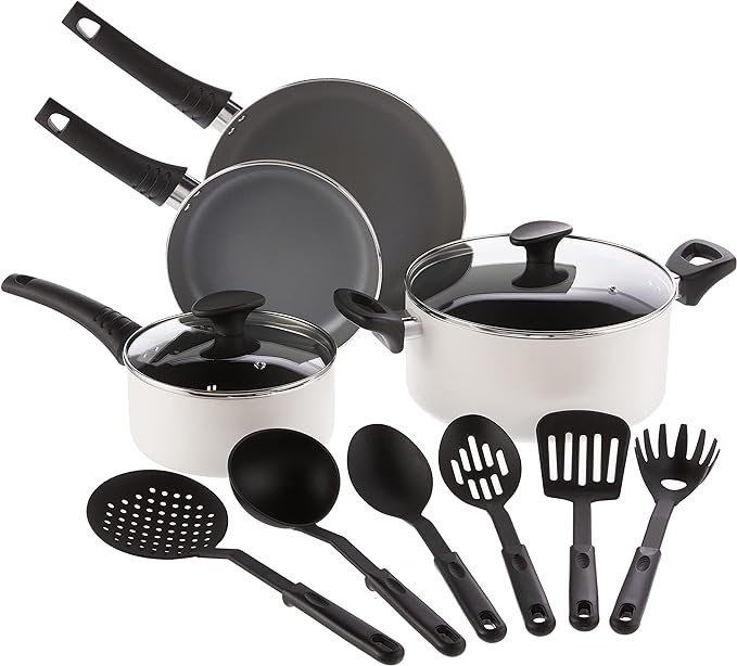 BELLA Cookware Set 12 Piece Pots and Pans with Utensils 17435 - WHITE Like New